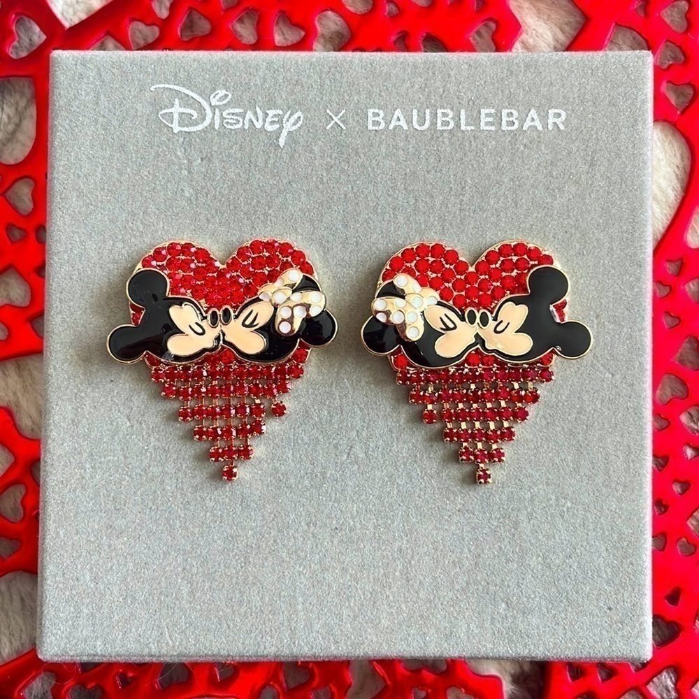 Brand New BaubleBar Disney Valentine’s Day Red Mickey & Minnie Kissing Earrings